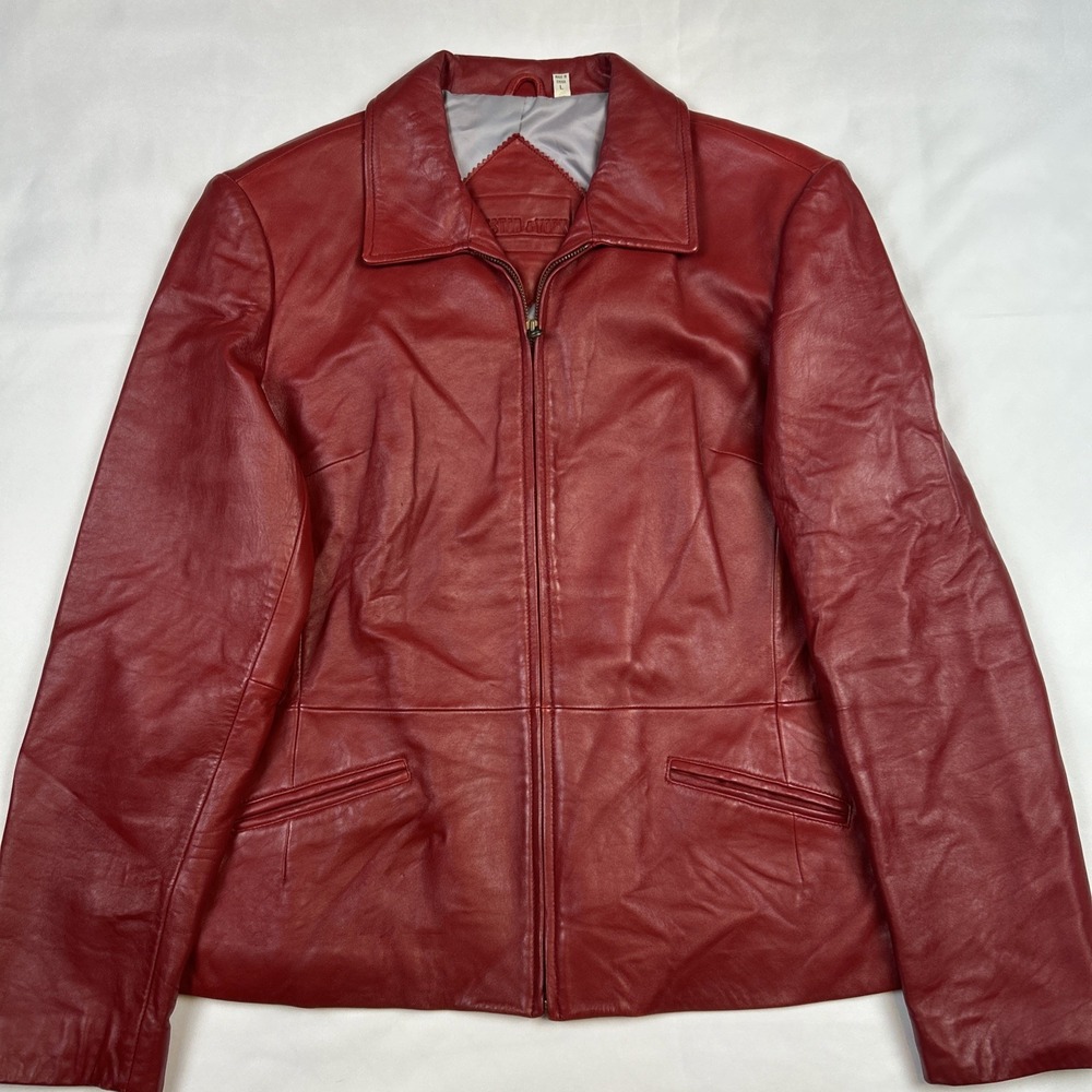 VTG Y2K Preston & York Women's Red Leather Bomber Jacket Sz Large Soft Lamb Skin